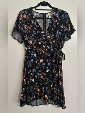 Xhilaration Black Floral Wrap Dress with Blue & Pink Flowers